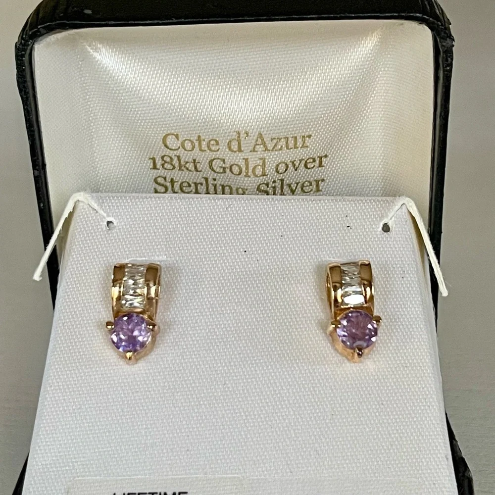 18K Gold Amethyst Earrings over Sterling Silver with Diamond Baguette CZ Stones